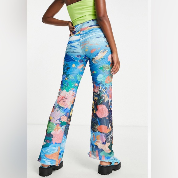 ASOS Easy Tiger high waist flare mesh pants in fish print Sz XXL (12-14) NWT - Picture 2 of 8